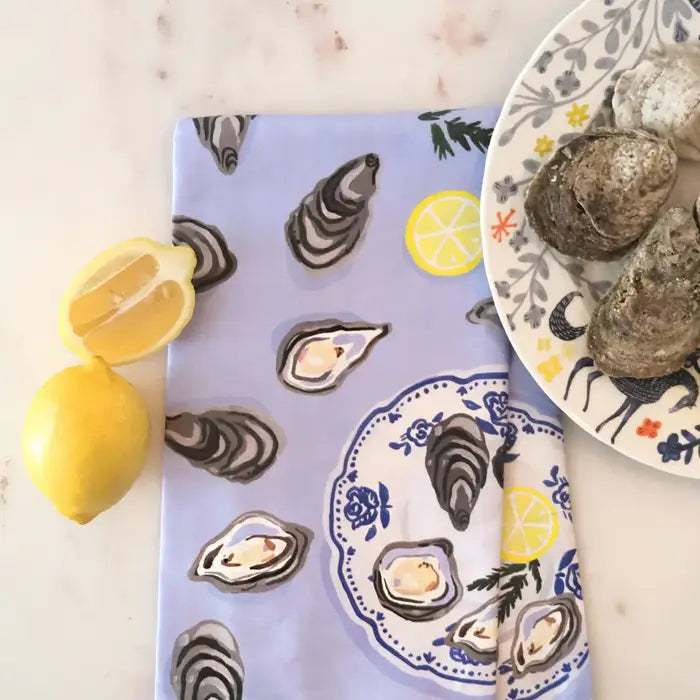 Oysters Cotton Tea Towel with Embroidered Detail
