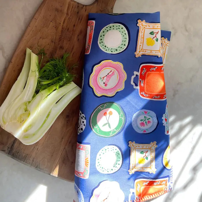 Dinner Plates Cotton Tea Towel with Embroidered Detail