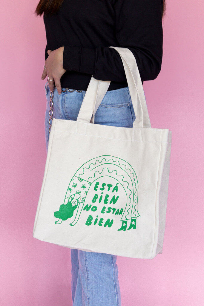 white 100% cotton tote with green hand drawn print