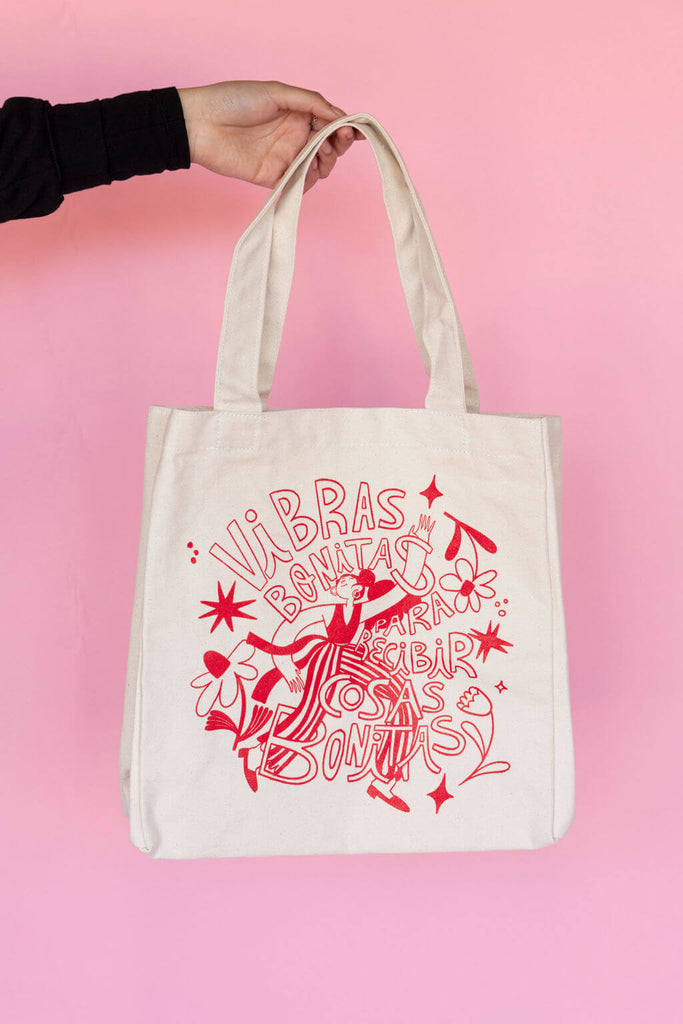 cotton tote bag with red hand drawn design